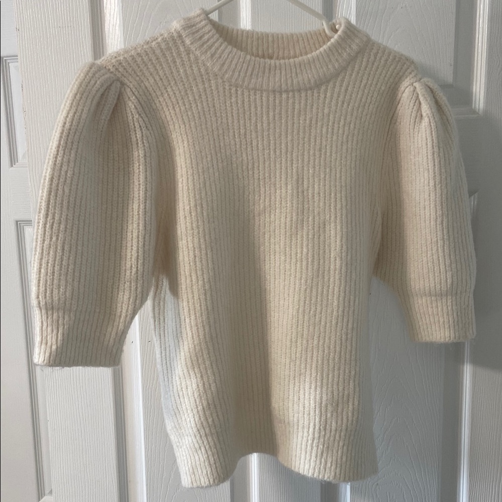 RD Style Cream Crew Neck Sweater with Puff Sleeves